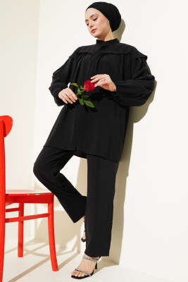 Pazarium - Omuz Fırfırlı Tencel Tunik İkili Takım Siyah