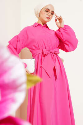 Yarım Fermuarlı Balon Kol Terikoton Elbise Fuşya - Thumbnail