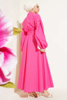 Yarım Fermuarlı Balon Kol Terikoton Elbise Fuşya - Thumbnail