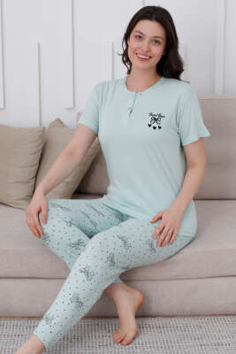 Pazarium - Fiyonk Desen Düğmeli Pijama Takım Mint