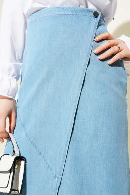 Yan Düğmeli Kapaklı Kot Etek Kot Mavisi - Thumbnail