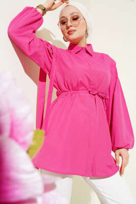 Pazarium - İp Kuşaklı Omuz Pelerinli Gömlek Fuşya