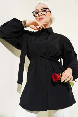 Pazarium - İp Kuşaklı Omuz Pelerinli Gömlek Siyah