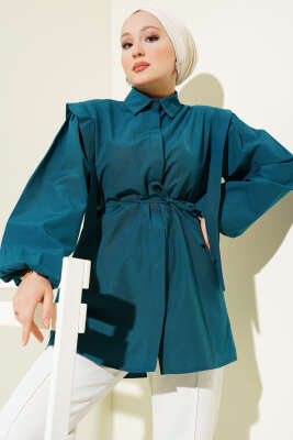 Pazarium - İp Kuşaklı Omuz Pelerinli Gömlek Petrol