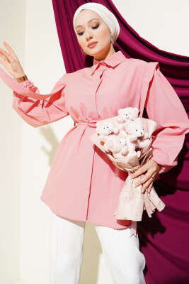 Pazarium - İp Kuşaklı Omuz Pelerinli Gömlek Pudra