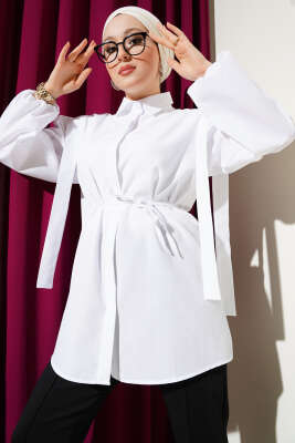 Pazarium - İp Kuşaklı Omuz Pelerinli Gömlek Beyaz