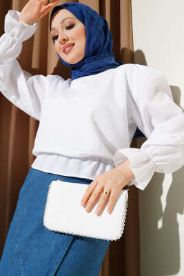 Kol ve Bel Lastikli Kısa Gömlek Beyaz - Thumbnail