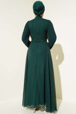 Önü Taşlı Pileli Şifon Elbise Zümrüt - Thumbnail