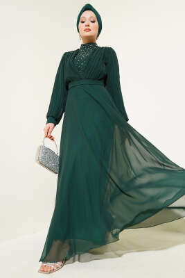 Pazarium - Önü Taşlı Pileli Şifon Elbise Zümrüt