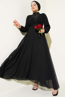 Önü Taşlı Pileli Şifon Elbise Siyah - Thumbnail