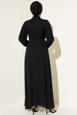 Önü Taşlı Pileli Şifon Elbise Siyah - Thumbnail