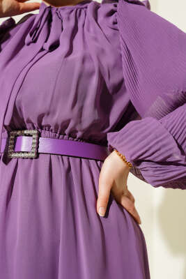 Kolları Piliseli Elbise Magenta - Thumbnail