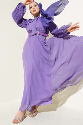Pazarium - Kolları Piliseli Elbise Lila
