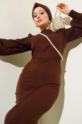 Pazarium - Kuşaklı Balık Elbise Kahve