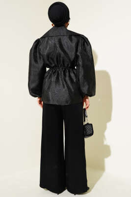 Bel Lastikli Balon Kol Jakar Ceket Siyah - Thumbnail