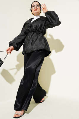 Bel Lastikli Balon Kol Jakar Ceket Siyah - Thumbnail