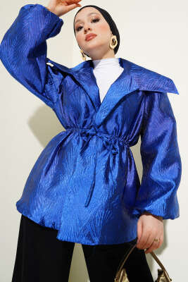 Pazarium - Bel Lastikli Balon Kol Jakar Ceket Saks