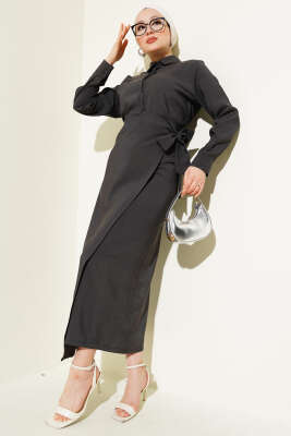 Pazarium - Bağlama Detaylı Etekli Tensel İkili Takım Antrasit