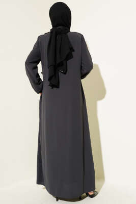 Yan Bağlamalı Taşlı Büyük Beden Ferace Füme - Thumbnail