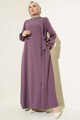 Yan Bağlamalı Taşlı Büyük Beden Ferace Gül Kurusu - Thumbnail