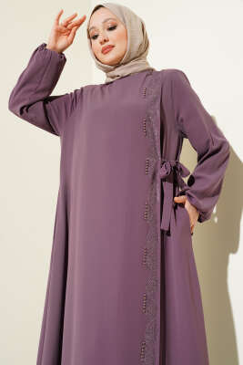 Yan Bağlamalı Taşlı Büyük Beden Ferace Gül Kurusu - Thumbnail