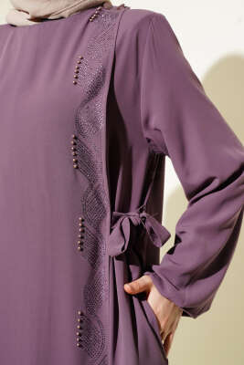 Yan Bağlamalı Taşlı Büyük Beden Ferace Gül Kurusu - Thumbnail