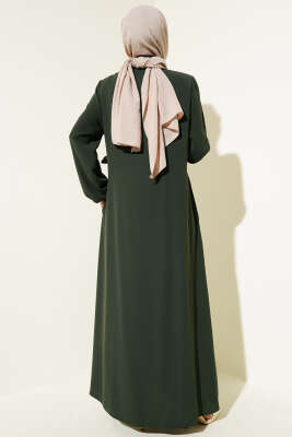 Yan Bağlamalı Taşlı Büyük Beden Ferace Haki - Thumbnail