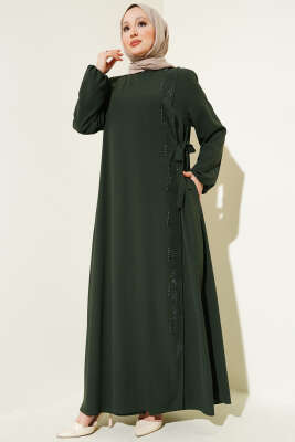 Yan Bağlamalı Taşlı Büyük Beden Ferace Haki - Thumbnail