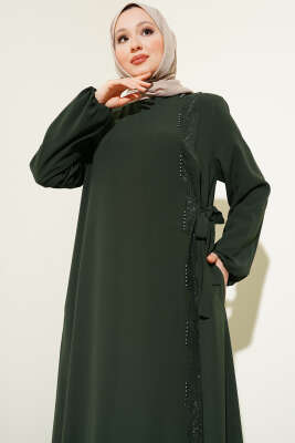 Yan Bağlamalı Taşlı Büyük Beden Ferace Haki - Thumbnail