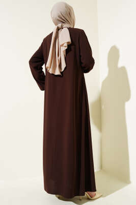 Yan Bağlamalı Taşlı Büyük Beden Ferace Kahve - Thumbnail