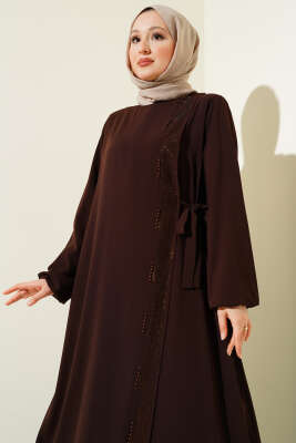 Yan Bağlamalı Taşlı Büyük Beden Ferace Kahve - Thumbnail