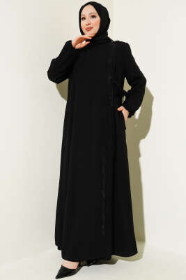 Yan Bağlamalı Taşlı Büyük Beden Ferace Siyah - Thumbnail