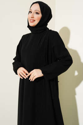 Yan Bağlamalı Taşlı Büyük Beden Ferace Siyah - Thumbnail