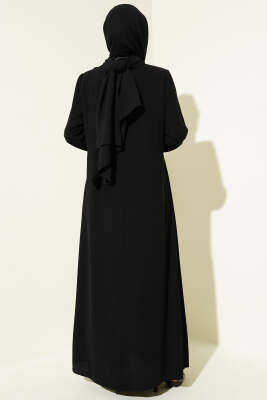 Yan Bağlamalı Taşlı Büyük Beden Ferace Siyah - Thumbnail