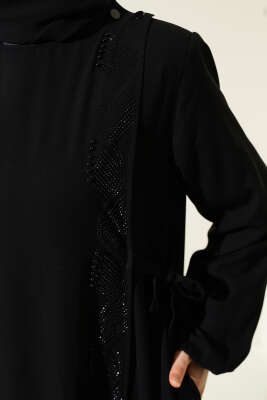 Yan Bağlamalı Taşlı Büyük Beden Ferace Siyah - Thumbnail