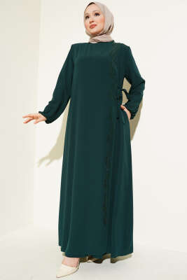 Yan Bağlamalı Taşlı Büyük Beden Ferace Zümrüt - Thumbnail