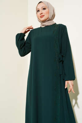 Yan Bağlamalı Taşlı Büyük Beden Ferace Zümrüt - Thumbnail