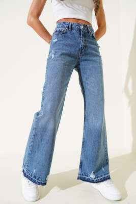 Yıprata Detaylı İspanyol Paça Kot Pantolon Mavi - Thumbnail