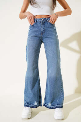 Yıprata Detaylı İspanyol Paça Kot Pantolon Mavi - Thumbnail