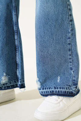 Yıprata Detaylı İspanyol Paça Kot Pantolon Mavi - Thumbnail