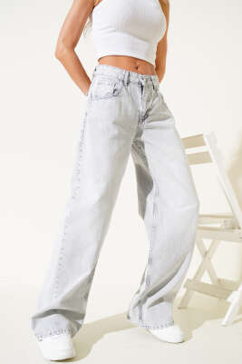 Pazarium - Geniş Paça Salaş Palazzo Kot Pantolon Gri