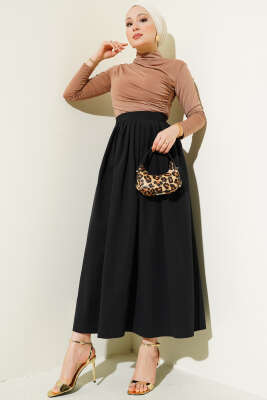 Beli Pileli Fermuarlı Etek Siyah - Thumbnail