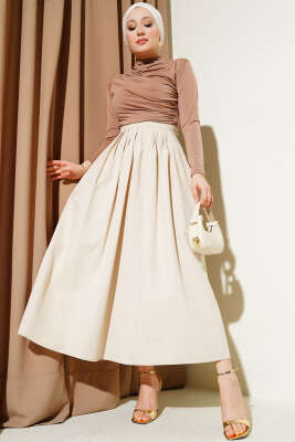 Beli Pileli Fermuarlı Etek Bej - Thumbnail