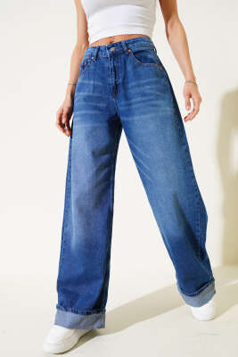 Pazarium - Paça Katlı Salaş Kot Palazzo Pantolon Mavi