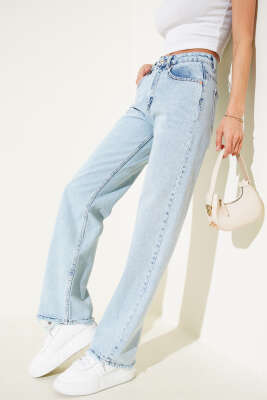 Boru Paça Yıpratmalı Kot Pantolon Buz Mavisi - Thumbnail