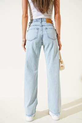 Boru Paça Yıpratmalı Kot Pantolon Buz Mavisi - Thumbnail