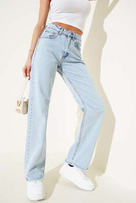 Pazarium - Boru Paça Yıpratmalı Kot Pantolon Buz Mavisi