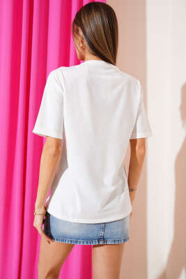 Basic Göz Baskılı T-shirt Ekru - Thumbnail