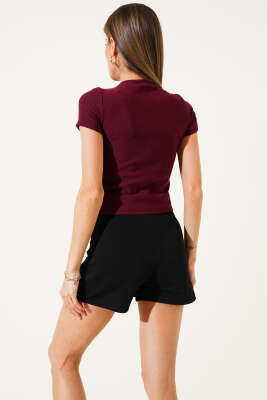 Kurdele Süslemeli Kısa Kol Crop Bordo - Thumbnail