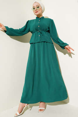 Pazarium - Önü Pileli Bel Tünelli Etekli Takım Zümrüt